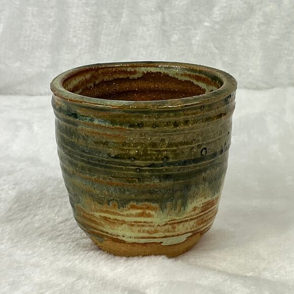 Studio Pottery Cup Handmade Stoneware Tumbler 3.5" Green Brown Ridged Glaze - Picture 1 of 9